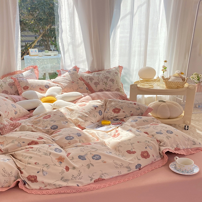 91家纺网 家纺一手货源 找家纺 艾米 2023新款水洗棉麻双层纱系列四件套 牵牛花豆沙