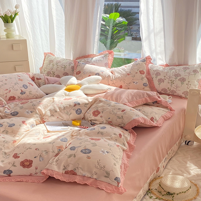 91家纺网 家纺一手货源 找家纺 艾米 2023新款水洗棉麻双层纱系列四件套 牵牛花豆沙