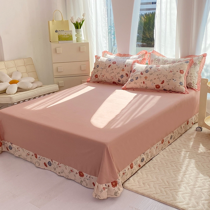 91家纺网 家纺一手货源 找家纺 艾米 2023新款水洗棉麻双层纱系列四件套 牵牛花豆沙