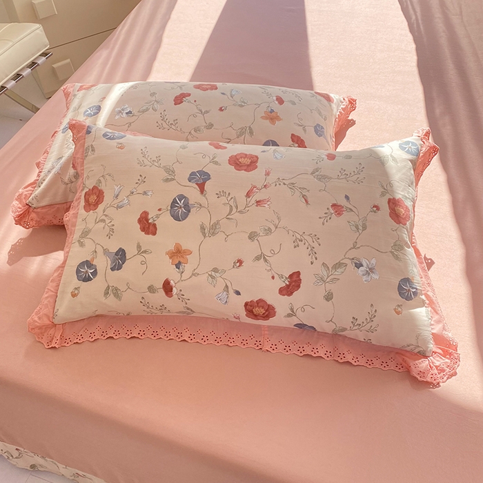 91家纺网 家纺一手货源 找家纺 艾米 2023新款水洗棉麻双层纱系列四件套 牵牛花豆沙