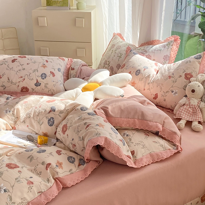 91家纺网 家纺一手货源 找家纺 艾米 2023新款水洗棉麻双层纱系列四件套 牵牛花豆沙