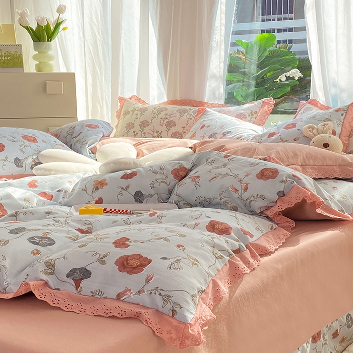 91家纺网 家纺一手货源 找家纺 艾米 2023新款水洗棉麻双层纱系列四件套 牵牛花蓝