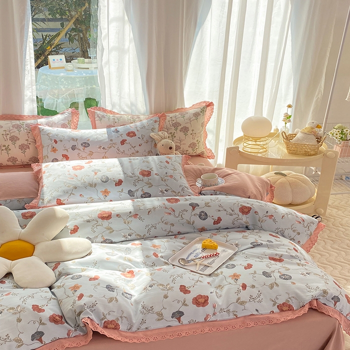 91家纺网 家纺一手货源 找家纺 艾米 2023新款水洗棉麻双层纱系列四件套 牵牛花蓝