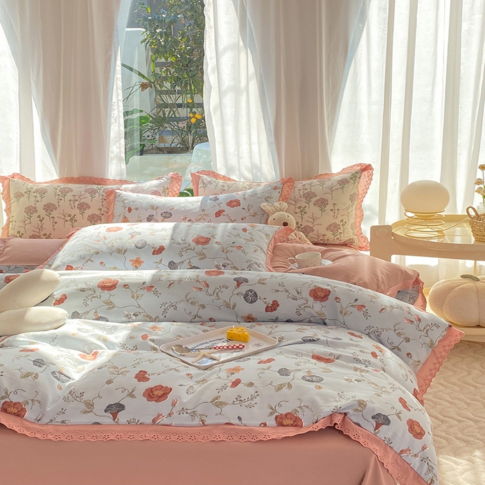 91家纺网 家纺一手货源 找家纺 艾米 2023新款水洗棉麻双层纱系列四件套 牵牛花蓝