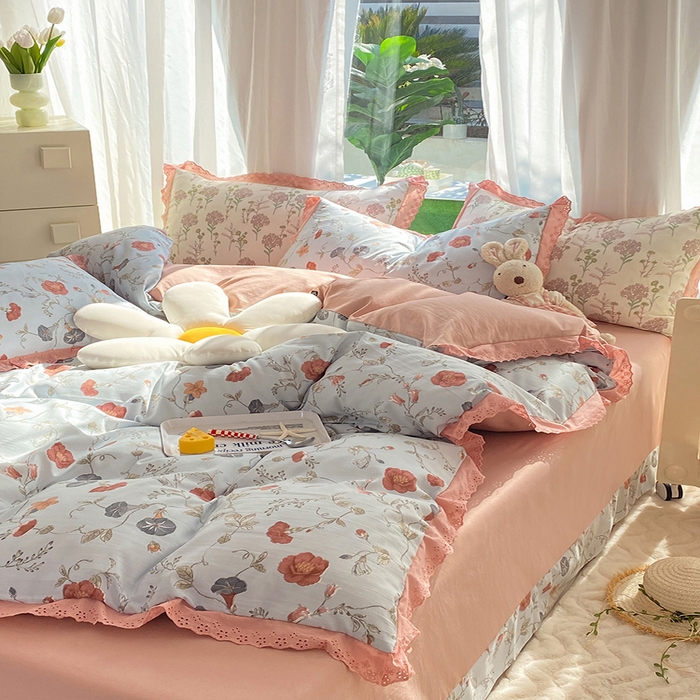 91家纺网 家纺一手货源 找家纺 艾米 2023新款水洗棉麻双层纱系列四件套 牵牛花蓝