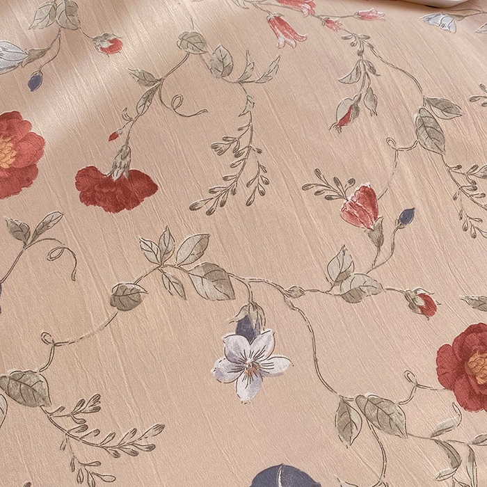 91家纺网 家纺一手货源 找家纺 艾米 2023新款水洗棉麻双层纱系列四件套 牵牛花豆沙