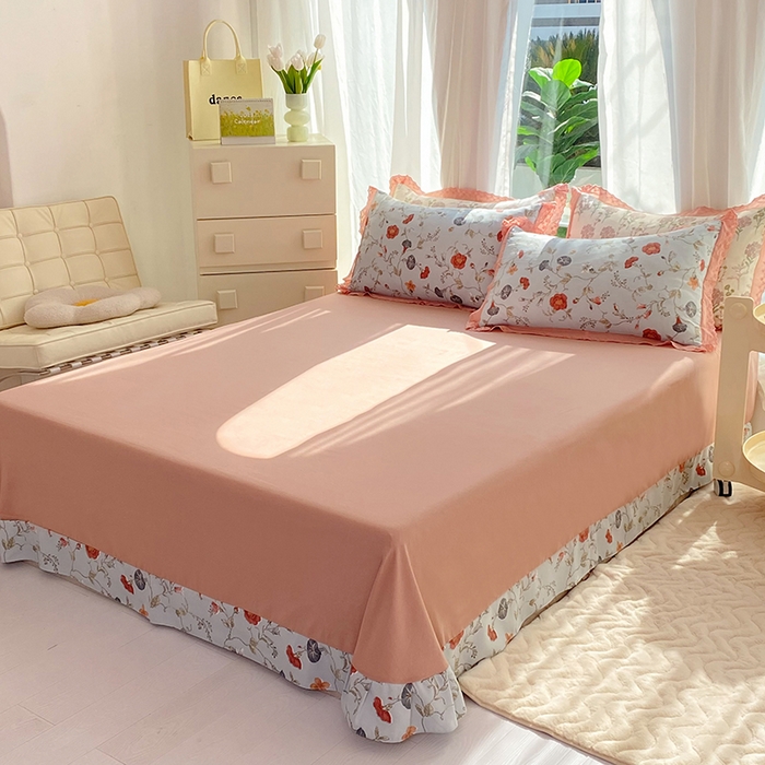 91家纺网 家纺一手货源 找家纺 艾米 2023新款水洗棉麻双层纱系列四件套 牵牛花蓝