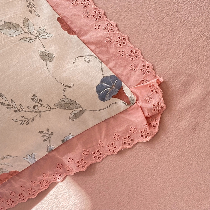 91家纺网 家纺一手货源 找家纺 艾米 2023新款水洗棉麻双层纱系列四件套 牵牛花豆沙