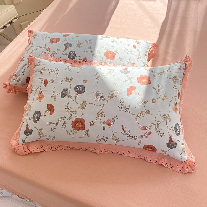 91家纺网 家纺一手货源 找家纺 艾米 2023新款水洗棉麻双层纱系列四件套 牵牛花蓝