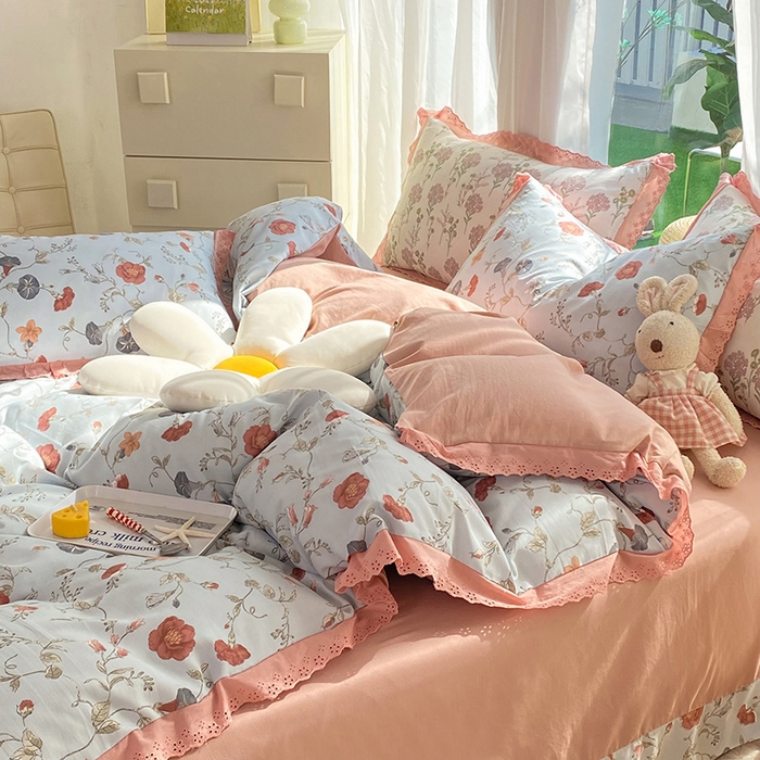 91家纺网 家纺一手货源 找家纺 艾米 2023新款水洗棉麻双层纱系列四件套 牵牛花蓝