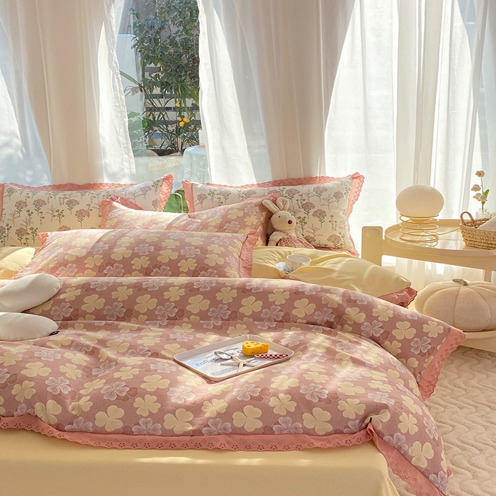 91家纺网 家纺一手货源 找家纺 艾米 2023新款水洗棉麻双层纱系列四件套 四叶草