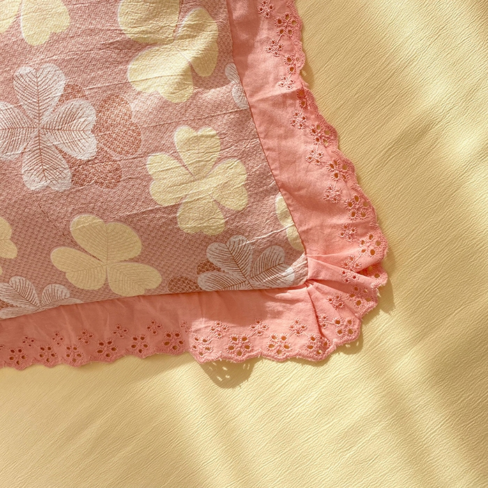 91家纺网 家纺一手货源 找家纺 艾米 2023新款水洗棉麻双层纱系列四件套 四叶草