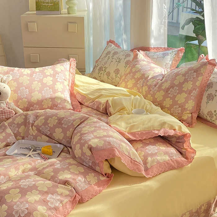 91家纺网 家纺一手货源 找家纺 艾米 2023新款水洗棉麻双层纱系列四件套 四叶草