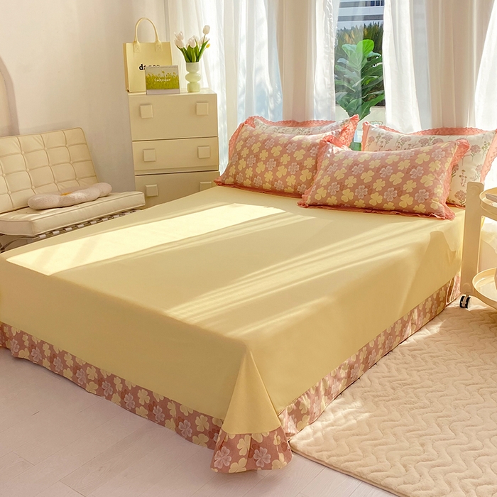 91家纺网 家纺一手货源 找家纺 艾米 2023新款水洗棉麻双层纱系列四件套 四叶草