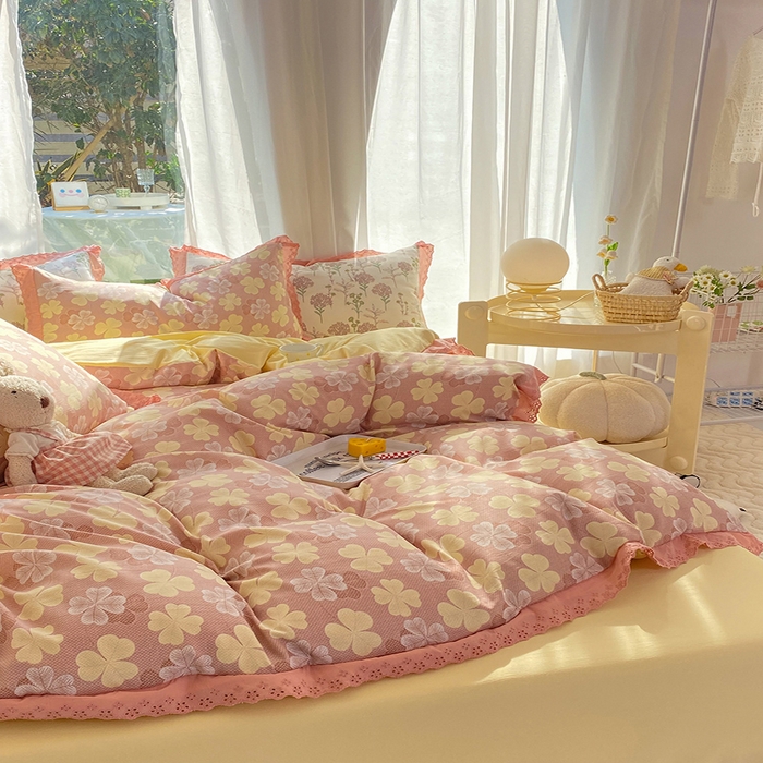 91家纺网 家纺一手货源 找家纺 艾米 2023新款水洗棉麻双层纱系列四件套 四叶草