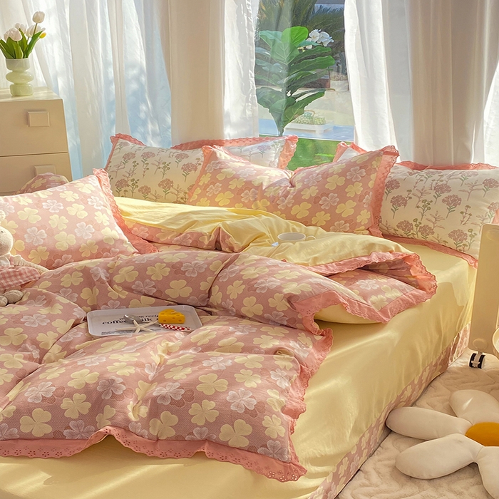 91家纺网 家纺一手货源 找家纺 艾米 2023新款水洗棉麻双层纱系列四件套 四叶草