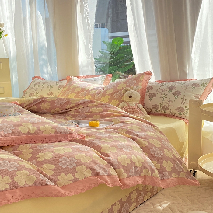 91家纺网 家纺一手货源 找家纺 艾米 2023新款水洗棉麻双层纱系列四件套 四叶草