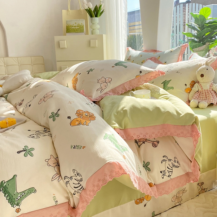 91家纺网 家纺一手货源 找家纺 艾米 2023新款水洗棉麻双层纱系列四件套 童趣乐园