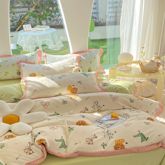 91家纺网 家纺一手货源 找家纺 艾米 2023新款水洗棉麻双层纱系列四件套 童趣乐园