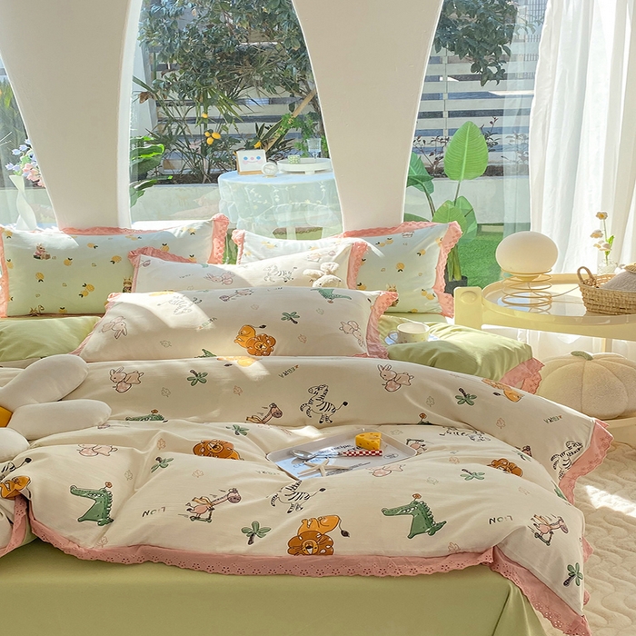 91家纺网 家纺一手货源 找家纺 艾米 2023新款水洗棉麻双层纱系列四件套 童趣乐园