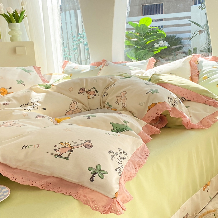 91家纺网 家纺一手货源 找家纺 艾米 2023新款水洗棉麻双层纱系列四件套 童趣乐园