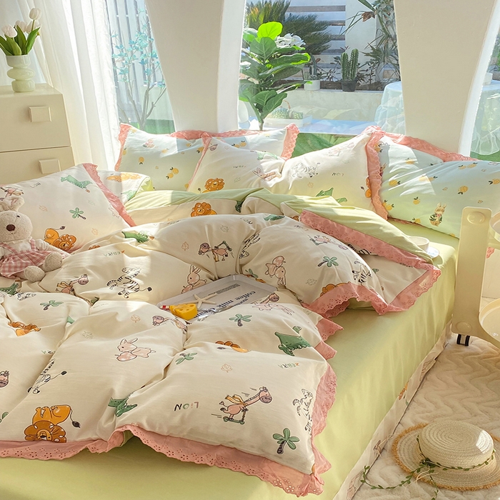 91家纺网 家纺一手货源 找家纺 艾米 2023新款水洗棉麻双层纱系列四件套 童趣乐园