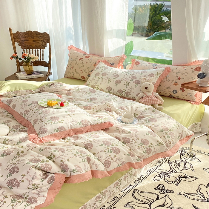 91家纺网 家纺一手货源 找家纺 艾米 2023新款水洗棉麻双层纱系列四件套 薰衣草豆沙