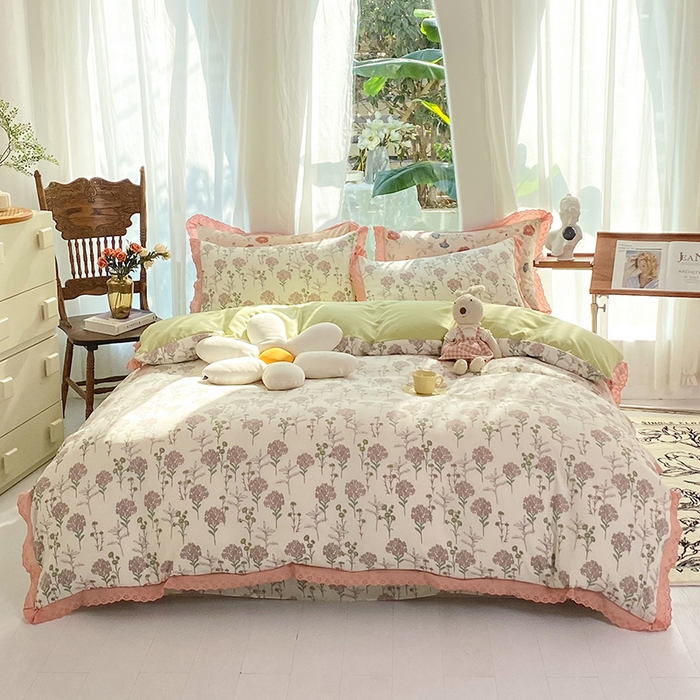 91家纺网 家纺一手货源 找家纺 艾米 2023新款水洗棉麻双层纱系列四件套 薰衣草豆沙