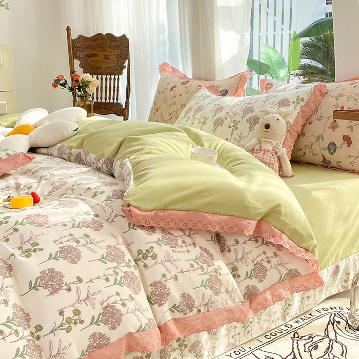 91家纺网 家纺一手货源 找家纺 艾米 2023新款水洗棉麻双层纱系列四件套 薰衣草豆沙