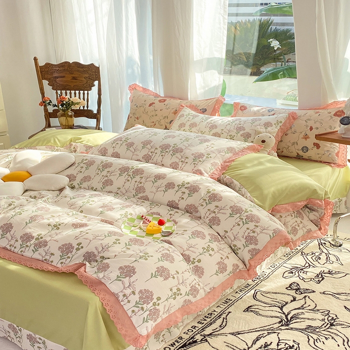 91家纺网 家纺一手货源 找家纺 艾米 2023新款水洗棉麻双层纱系列四件套 薰衣草豆沙