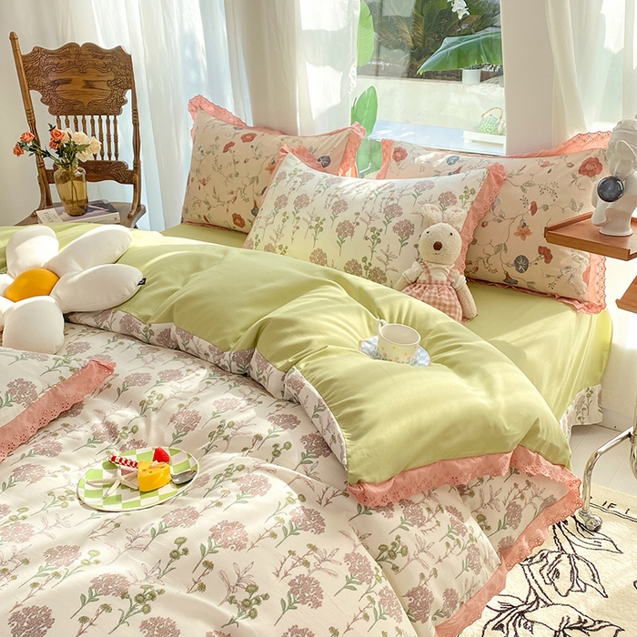 91家纺网 家纺一手货源 找家纺 艾米 2023新款水洗棉麻双层纱系列四件套 薰衣草豆沙