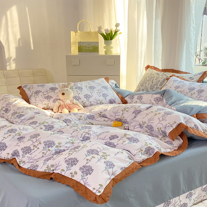 91家纺网 家纺一手货源 找家纺 艾米 2023新款水洗棉麻双层纱系列四件套 薰衣草紫