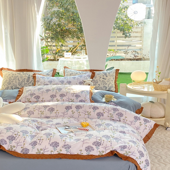 91家纺网 家纺一手货源 找家纺 艾米 2023新款水洗棉麻双层纱系列四件套 薰衣草紫