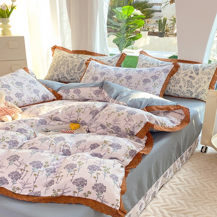 91家纺网 家纺一手货源 找家纺 艾米 2023新款水洗棉麻双层纱系列四件套 薰衣草紫