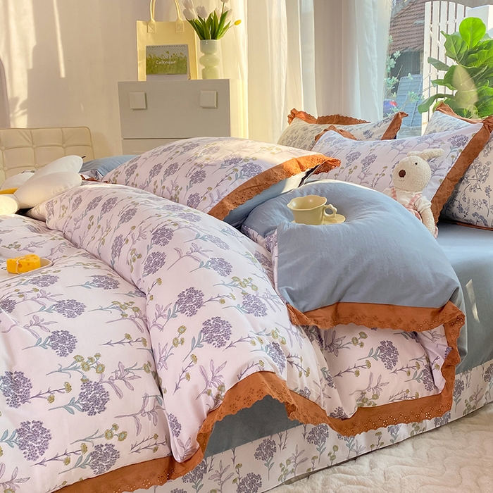 91家纺网 家纺一手货源 找家纺 艾米 2023新款水洗棉麻双层纱系列四件套 薰衣草紫