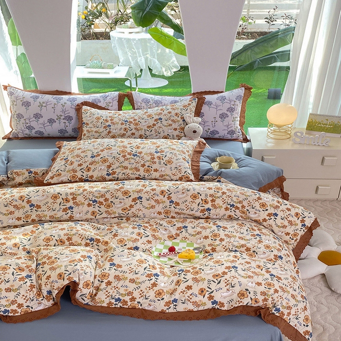 91家纺网 家纺一手货源 找家纺 艾米 2023新款水洗棉麻双层纱系列四件套 月野