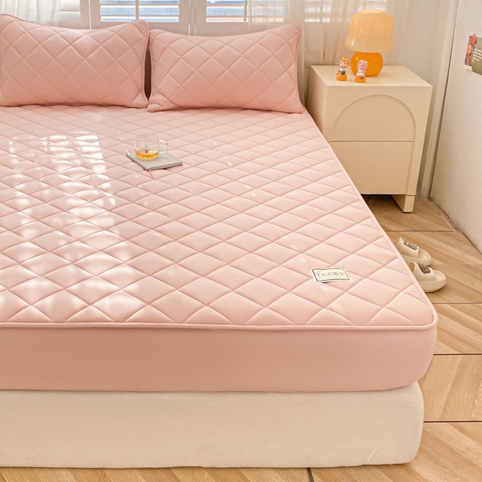 91家纺网 家纺一手货源 找家纺 芬晴家纺2023波浪方格夹棉床笠 方格-豆沙粉