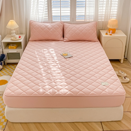 91家纺网 家纺一手货源 找家纺 芬晴家纺2023波浪方格夹棉床笠 方格-豆沙粉