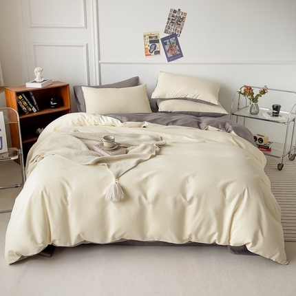 棠颂 2023春夏新款水洗棉亲肤纯色双拼四件套  浅黄+浅灰