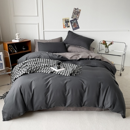 棠颂 2023春夏新款水洗棉亲肤纯色双拼四件套 深灰+浅灰