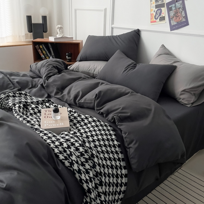 91家纺网 家纺一手货源 找家纺 棠颂 2023春夏新款水洗棉亲肤纯色双拼四件套 深灰