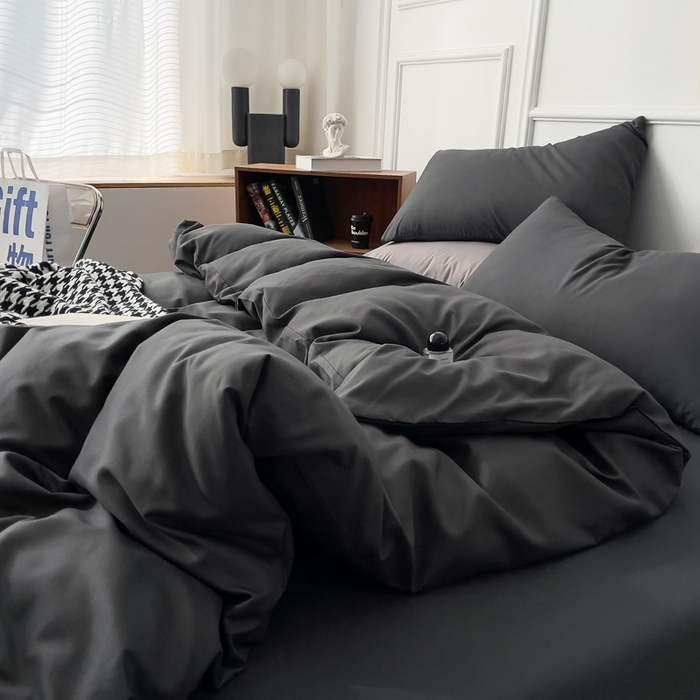 91家纺网 家纺一手货源 找家纺 棠颂 2023春夏新款水洗棉亲肤纯色双拼四件套 深灰