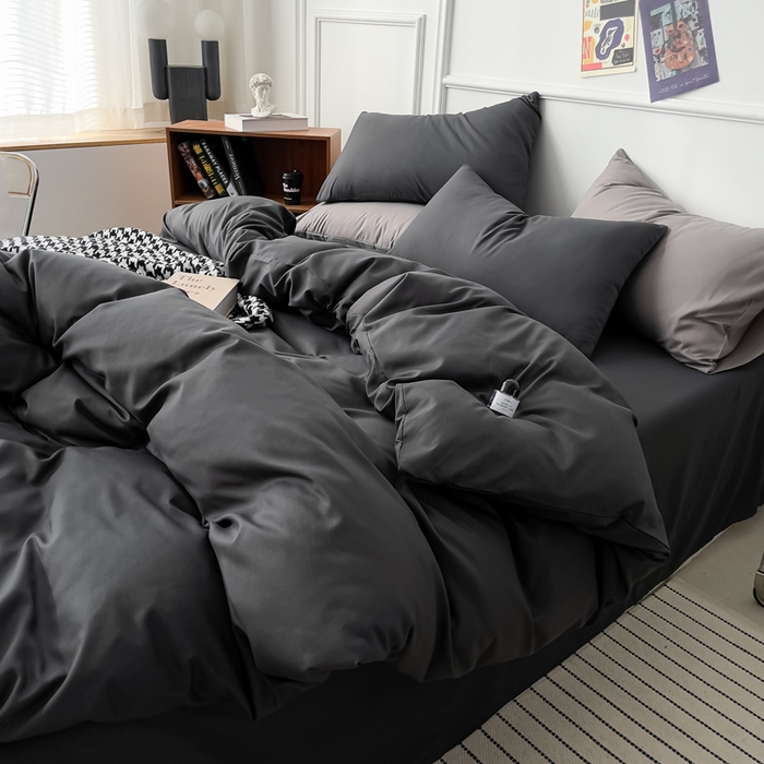 91家纺网 家纺一手货源 找家纺 棠颂 2023春夏新款水洗棉亲肤纯色双拼四件套 深灰