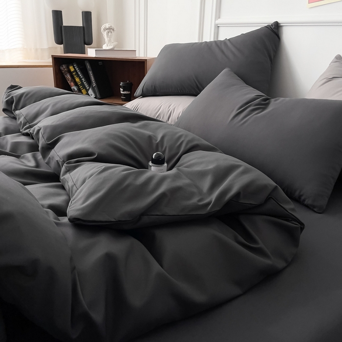 91家纺网 家纺一手货源 找家纺 棠颂 2023春夏新款水洗棉亲肤纯色双拼四件套 深灰