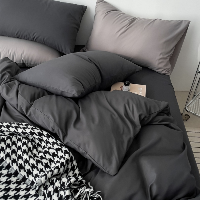 91家纺网 家纺一手货源 找家纺 棠颂 2023春夏新款水洗棉亲肤纯色双拼四件套 深灰