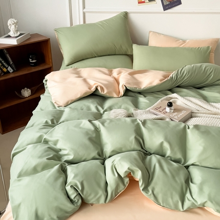 91家纺网 家纺一手货源 找家纺 棠颂 2023春夏新款水洗棉亲肤纯色双拼四件套 浅绿+浅驼
