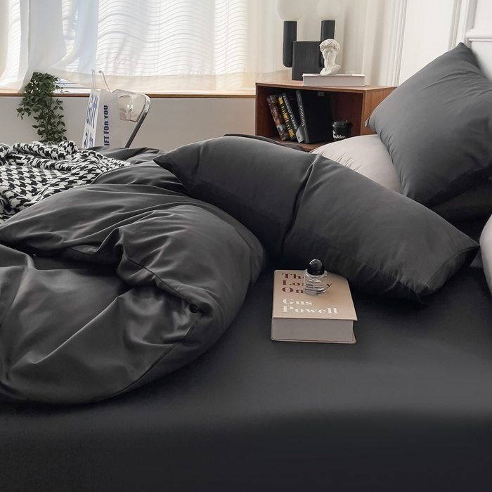 91家纺网 家纺一手货源 找家纺 棠颂 2023春夏新款水洗棉亲肤纯色双拼四件套 深灰