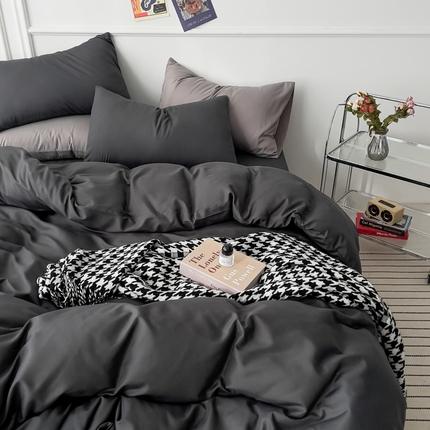 91家纺网 家纺一手货源 找家纺 棠颂 2023春夏新款水洗棉亲肤纯色双拼四件套 深灰