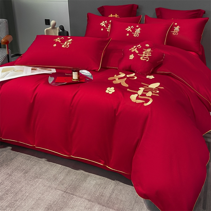 91家纺网 家纺一手货源 找家纺 欧乐蒂 2025新款婚庆亲肤棉精美刺绣四件套 欢喜