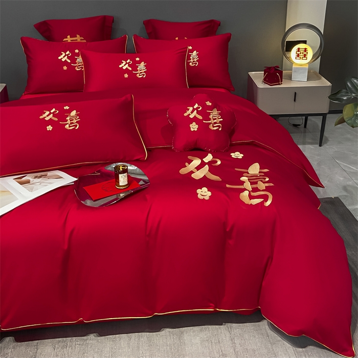 91家纺网 家纺一手货源 找家纺 欧乐蒂 2025新款婚庆亲肤棉精美刺绣四件套 欢喜